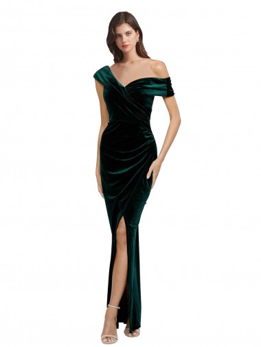 Inexpensive Long Asymmetric Neckline Ruched Velvet Prom Dress