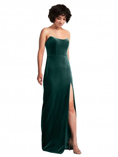 Inexpensive Scooped Strapless Long Velvet Prom Dress with Daring Side Slit